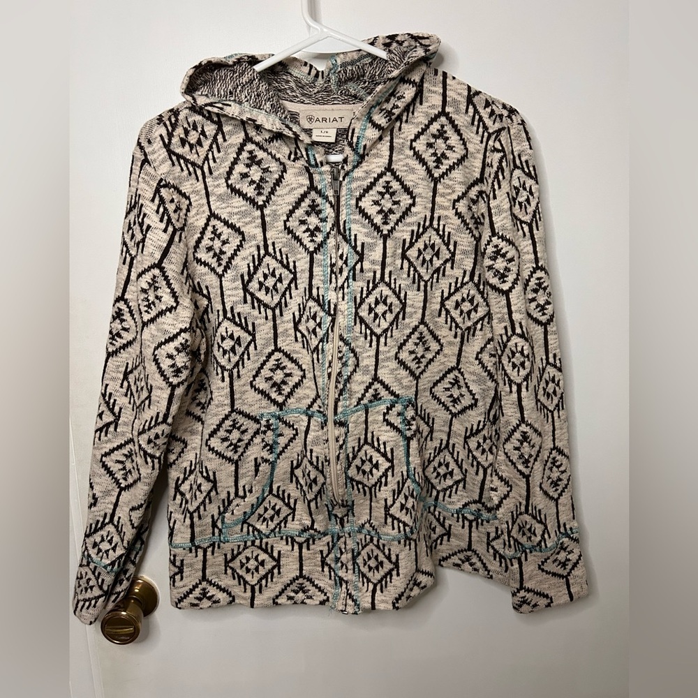 ARIAT AZTEC PRINT CREAM AND FULL ZIP HOODIE W/ LIGHT BLUE STITCHING SZ LARGE